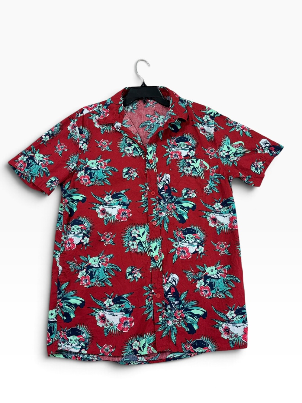Star Wars The Mandalorian Grogu Hawaiian Tropical Button Up Shirt Red Medium